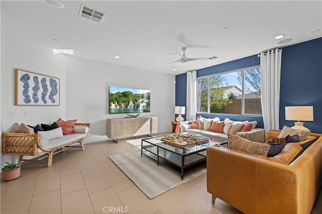 living room with ceiling fan