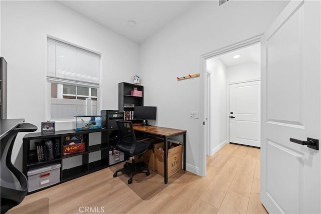 office area featuring light hardwood / wood-style floors