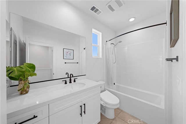 full bathroom featuring vanity, toilet, shower / bathtub combination with curtain, and tile patterned flooring