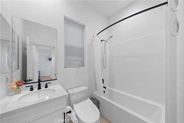 full bathroom with toilet, shower / bathtub combination with curtain, and vanity