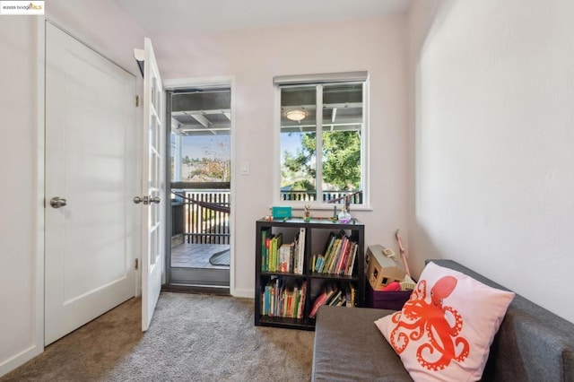 living area featuring carpet floors and french doors