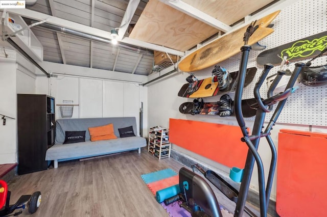 workout room featuring hardwood / wood-style flooring