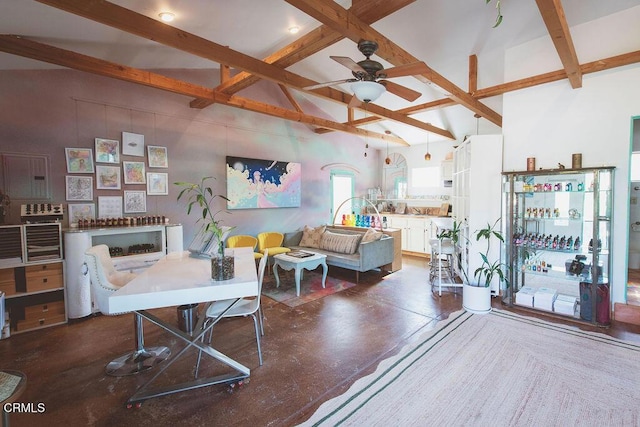 living room with ceiling fan, beam ceiling, and high vaulted ceiling