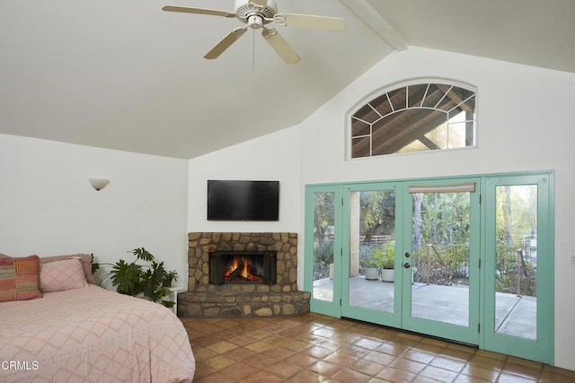 bedroom with a stone fireplace, access to exterior, high vaulted ceiling, ceiling fan, and beam ceiling