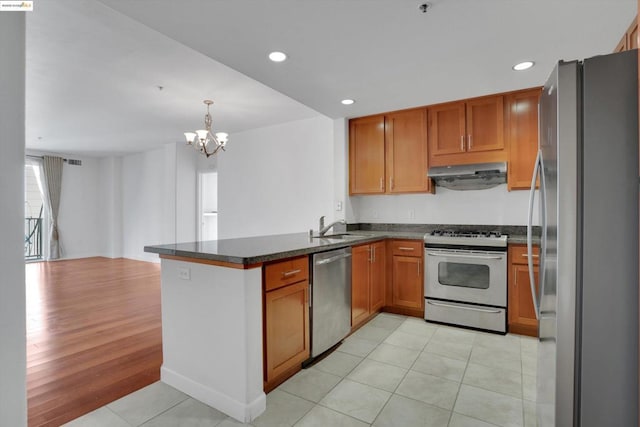 kitchen featuring stainless steel appliances, sink, kitchen peninsula, hanging light fixtures, and a chandelier