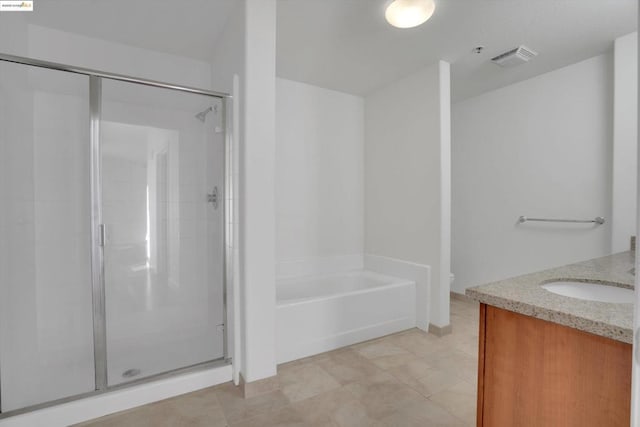 full bathroom with toilet, tile patterned flooring, shower with separate bathtub, and vanity