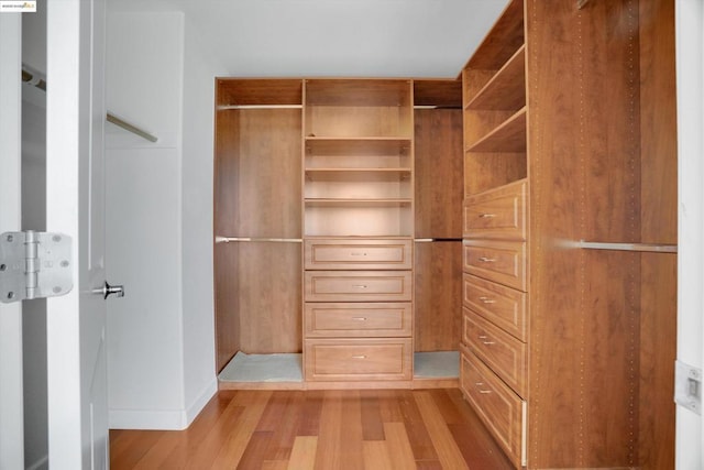 walk in closet with light hardwood / wood-style floors