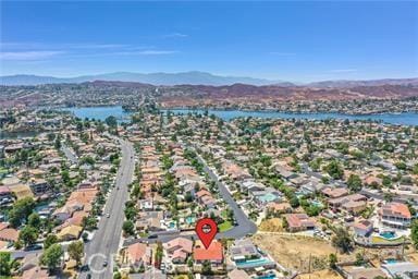 bird's eye view featuring a water and mountain view