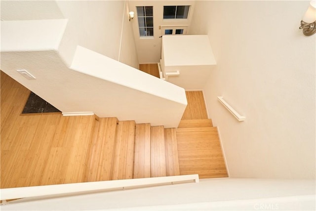 stairway with wooden walls