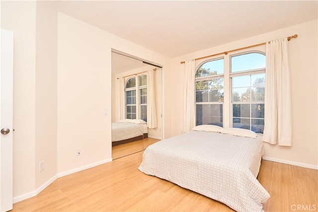 bedroom with a closet and hardwood / wood-style flooring