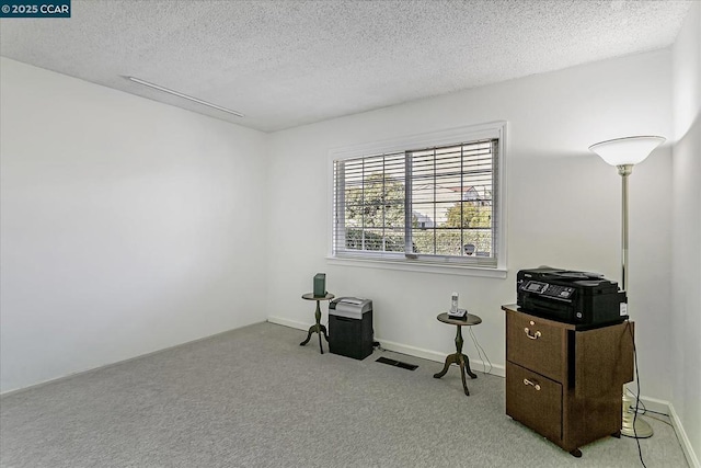 miscellaneous room with a textured ceiling and light colored carpet