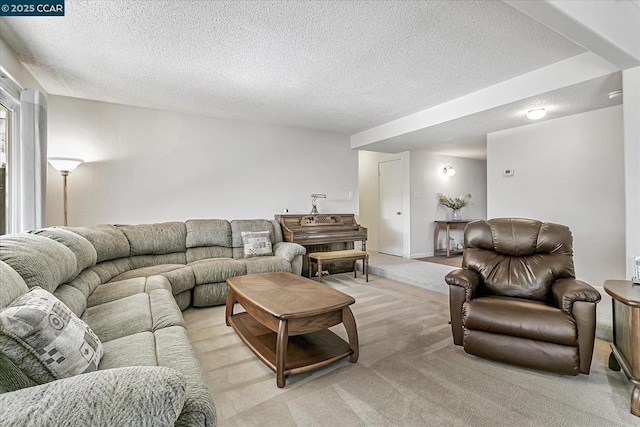 living room featuring a textured ceiling and light colored carpet