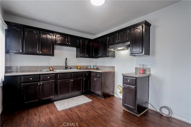 kitchen featuring dark brown cabinetry, sink, and dark hardwood / wood-style floors