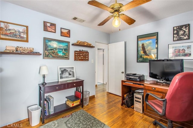 office area featuring ceiling fan and hardwood / wood-style floors