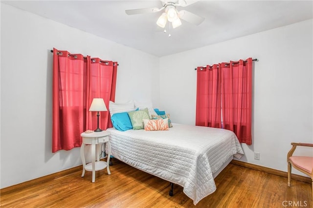 bedroom with ceiling fan and wood-type flooring