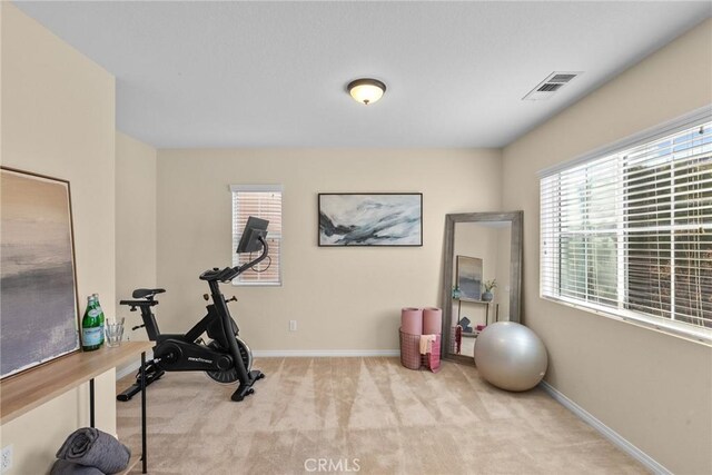 exercise room with light colored carpet