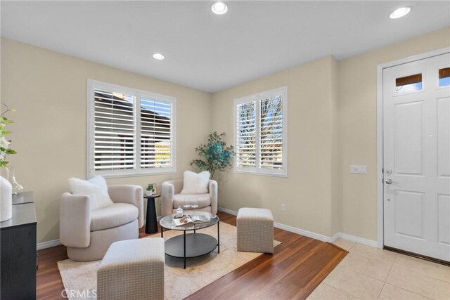 sitting room with light wood-type flooring and a healthy amount of sunlight