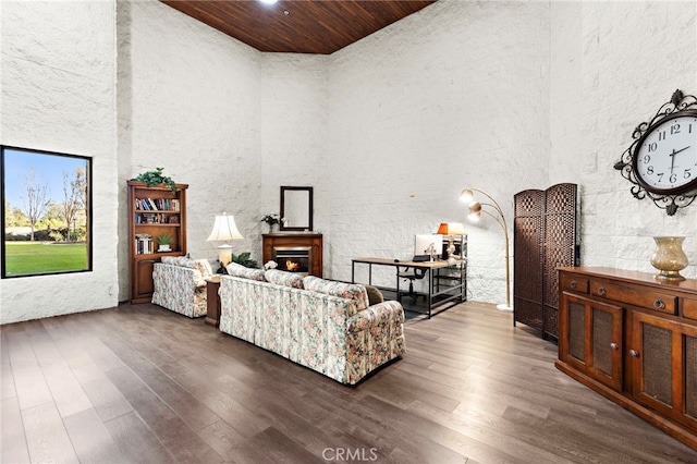 living room featuring dark hardwood / wood-style flooring, a high ceiling, and wooden ceiling