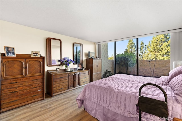 bedroom with access to exterior and light hardwood / wood-style flooring