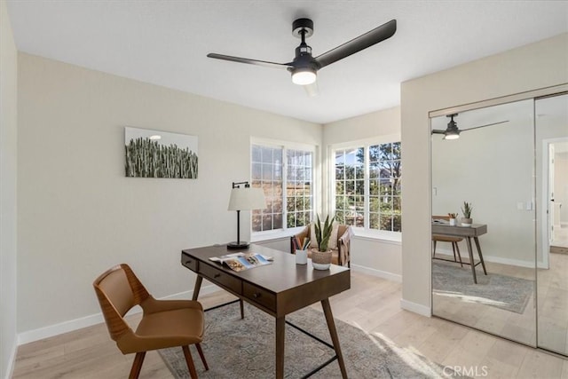 office with ceiling fan and light wood-type flooring