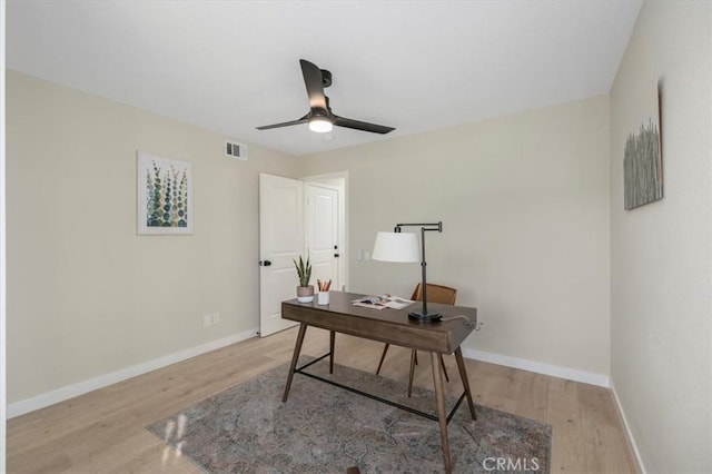 office with ceiling fan and light wood-type flooring