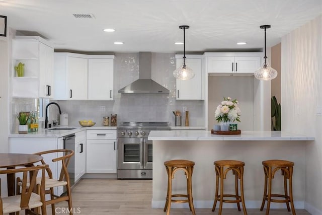 kitchen with sink, wall chimney range hood, white cabinets, stainless steel appliances, and backsplash