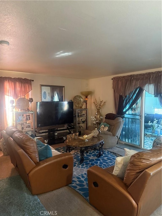 carpeted living room featuring a textured ceiling