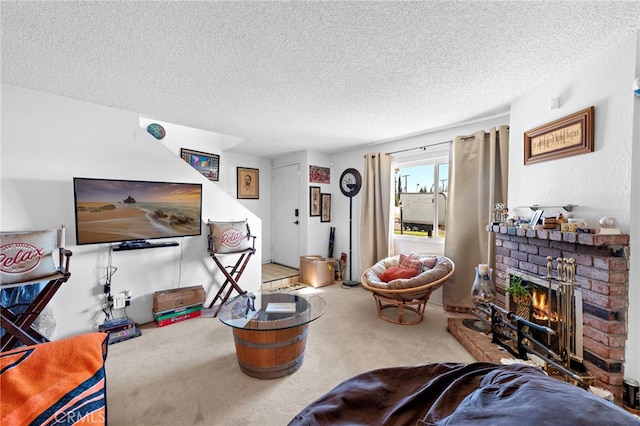 carpeted living room with a textured ceiling and a fireplace