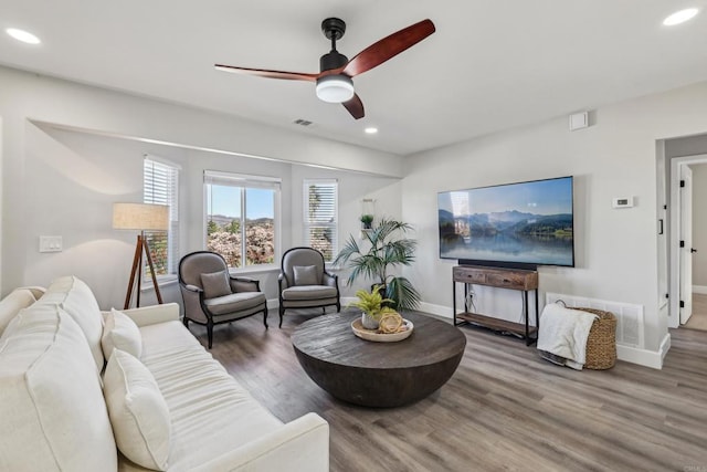 living room with ceiling fan and wood-type flooring