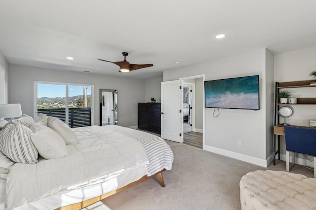 bedroom featuring access to exterior, ceiling fan, and carpet