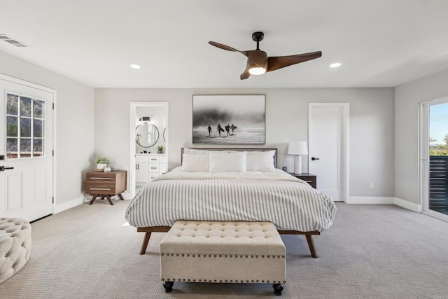 carpeted bedroom featuring ceiling fan and access to exterior