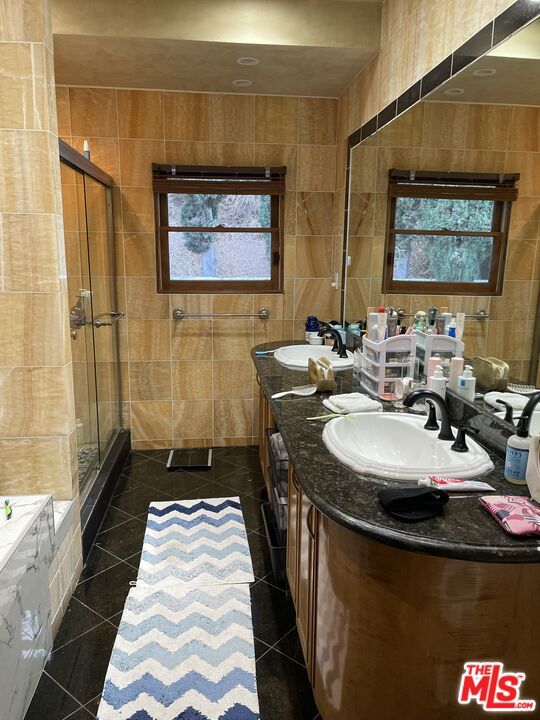 bathroom with plenty of natural light, tile patterned flooring, plus walk in shower, and vanity