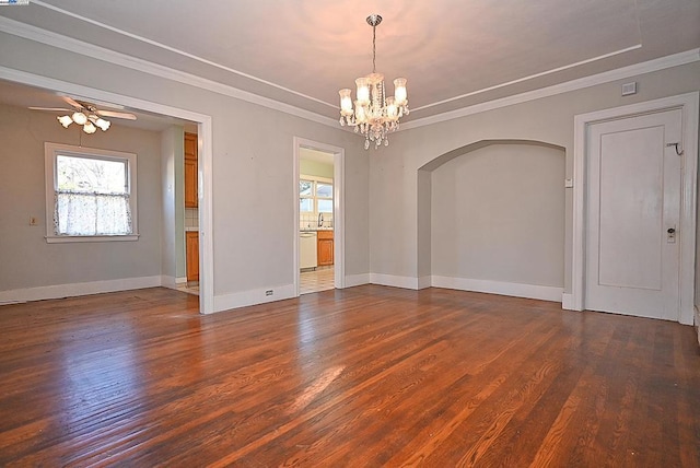 unfurnished room with ceiling fan with notable chandelier, dark wood-type flooring, and crown molding