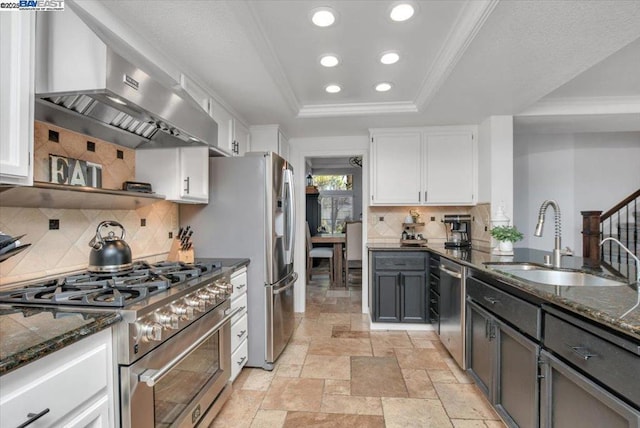 kitchen with stainless steel appliances, a raised ceiling, white cabinets, and dark stone counters