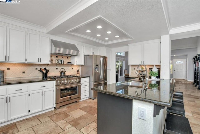 kitchen with wall chimney exhaust hood, sink, appliances with stainless steel finishes, a tray ceiling, and white cabinets