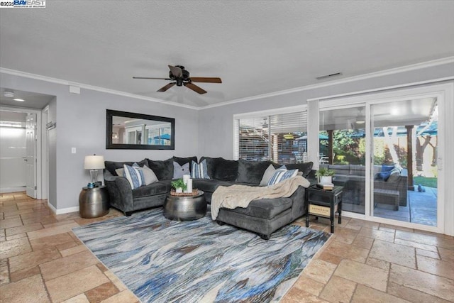 living room featuring ornamental molding and ceiling fan