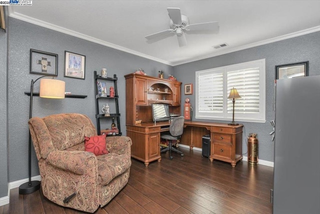 office area featuring ornamental molding, dark hardwood / wood-style floors, and ceiling fan