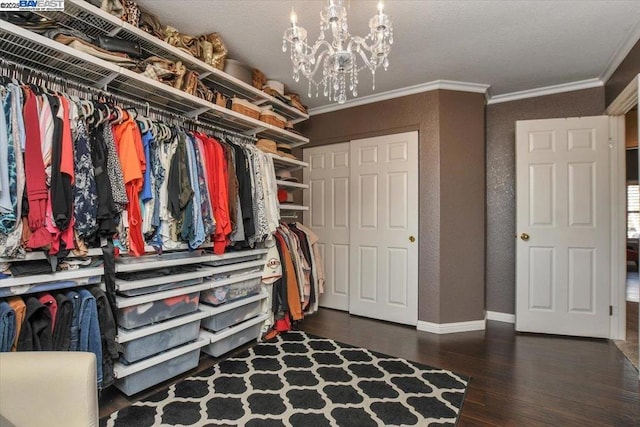 spacious closet featuring dark hardwood / wood-style flooring and a chandelier