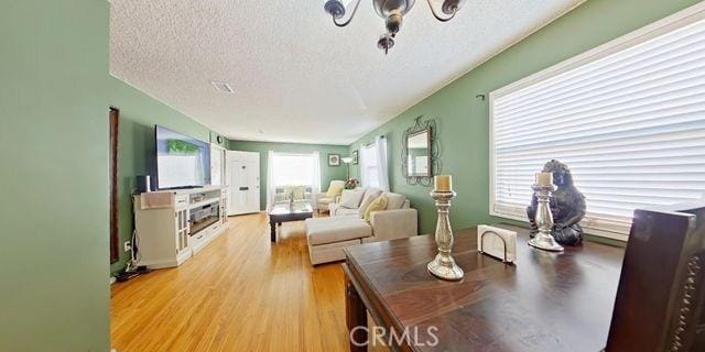 living area with a textured ceiling and light wood-style floors