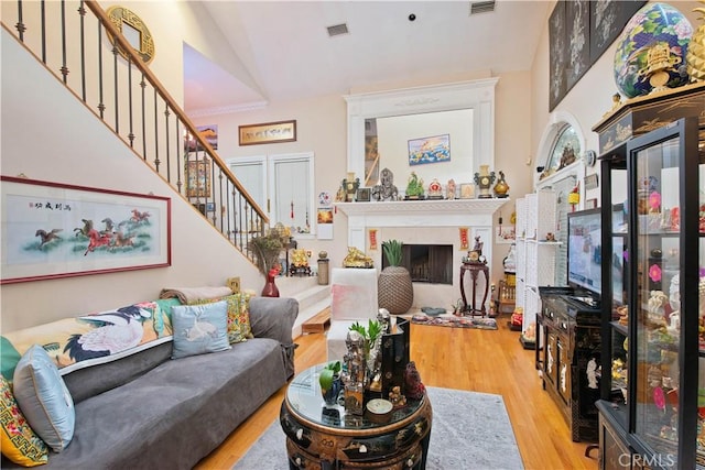 living room with lofted ceiling and light wood-type flooring