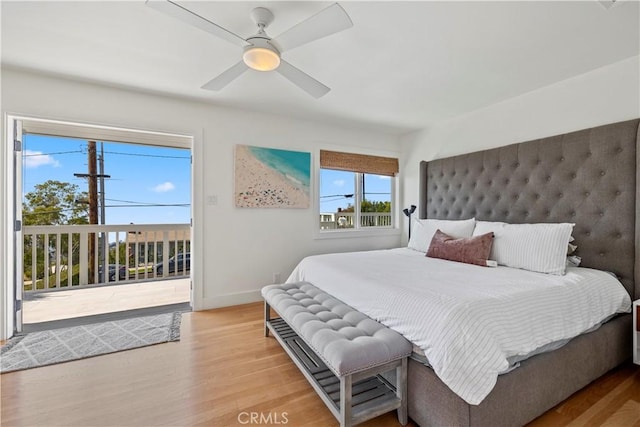 bedroom with access to outside, ceiling fan, and light hardwood / wood-style floors