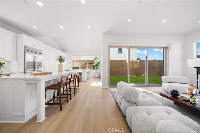 living room with lofted ceiling, plenty of natural light, and light hardwood / wood-style flooring