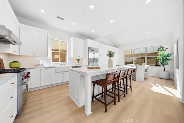 kitchen featuring white cabinets, light wood-type flooring, high end appliances, and a center island