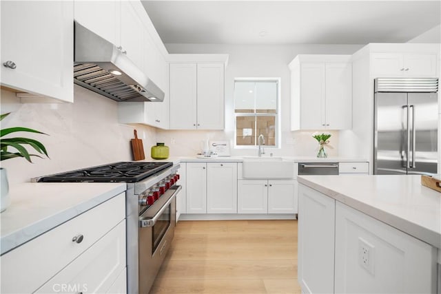 kitchen with white cabinets, light wood-type flooring, high end appliances, and sink