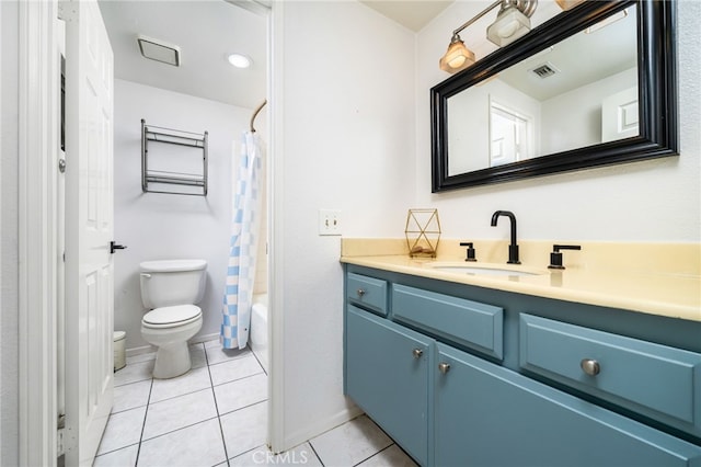 full bathroom featuring toilet, tile patterned floors, shower / bath combo, and vanity