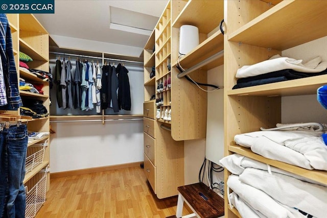 walk in closet with light hardwood / wood-style floors