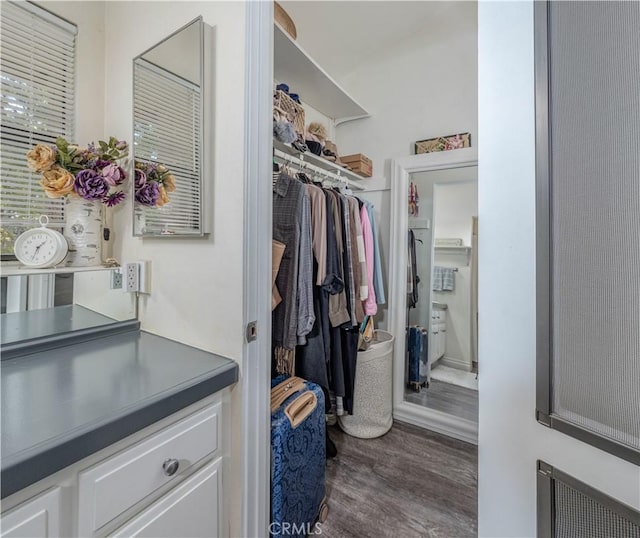 spacious closet with dark wood-style flooring