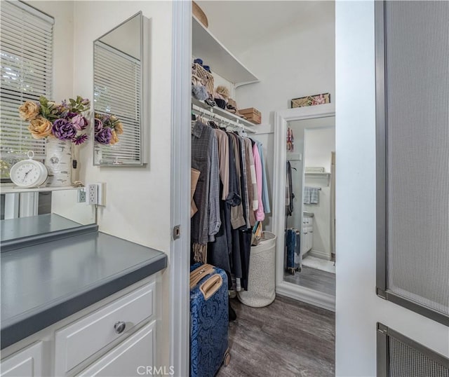 walk in closet with dark wood-type flooring