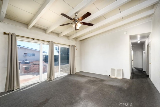 carpeted spare room with lofted ceiling with beams and ceiling fan