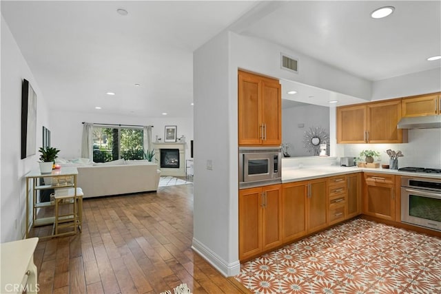 kitchen with appliances with stainless steel finishes, light wood-type flooring, and backsplash